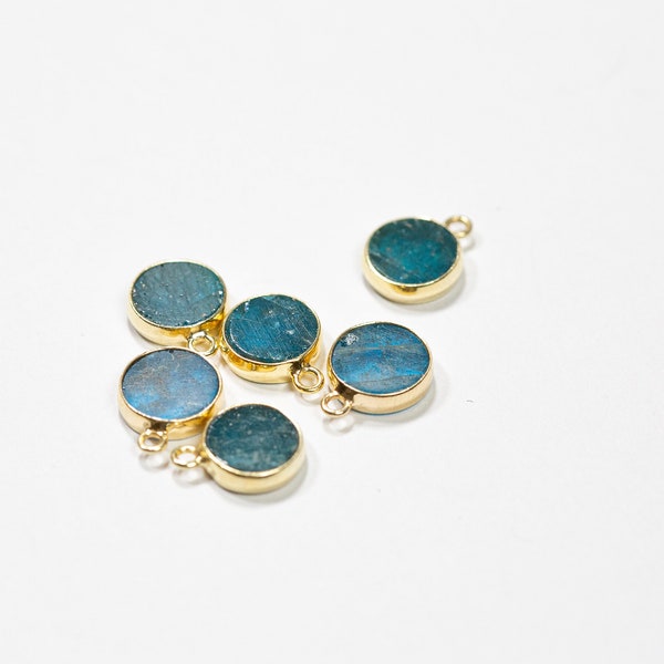 Gemstone Charms, Apatite Drops, Round Flat Pendants, Blue Round Drops, Earring Necklace Findings, 18k Gold Plated, 10x12mm, 166