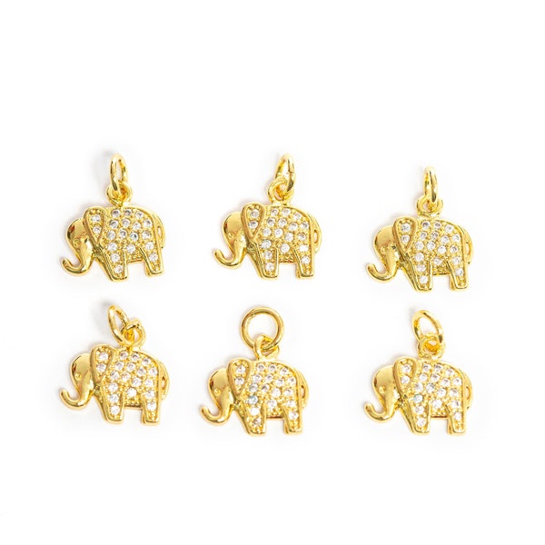 Gold Elephant Charm, Elephant Pendant, Animal Charm, Cubic Zirconia Charm, Small Elephant Charm for Necklaces and Bracelets, 11x12mm, 085