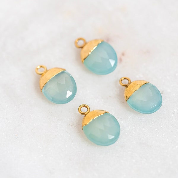 Blue Chalcedony Gemstone, Faceted Oval Gemstone Cap Charm, Gemstone Drop, Gold Electroplated, For Earrings or Necklaces, 5x10mm