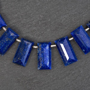 May include: A strand of dark blue lapis lazuli gemstone beads, each bead is faceted and rectangular in shape. The beads are strung on a silver wire.
