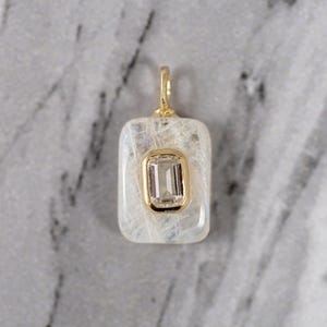 Small Rainbow Moonstone Rectangle Pendant, White Topaz Inlay, 18k Gold Vermeil, 15mm, 1pc