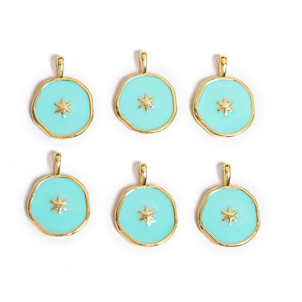 Enamel Star Pendant, Blue Enamel Charm, Medallion Star Charm, Organic Round Shape, Celestial Pendant, 6 Point Star, Light Blue, 14x14mm 079