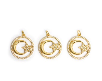 Star and Moon Pendant, Gold Crescent Moon Pendant, Cubic Zirconia Star & Moon Charm, Celestial Jewelry Supply, 18k Gold Plated, 9x14mm, 105