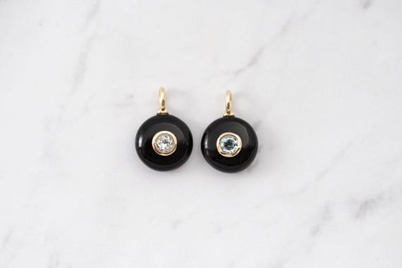 Small Round Black Onyx Pendant, White, Blue Topaz Inlay, 18k Gold Vermeil, 12.5mm, 1pc