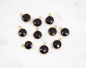 Small Round Faceted Black Onyx Charm, 18k Gold Vermeil Bezel, 8-9mm, 1pc