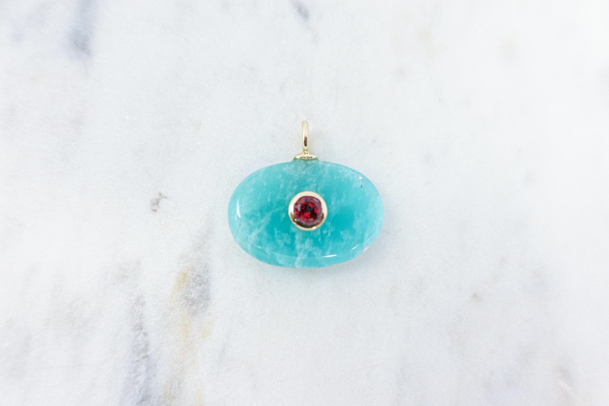 Oval Amazonite Pendant, Faceted Garnet Stone Inlay, Double Gemstone Pendant, 18k Gold Vermeil Peg Bail, 15mm, Peg Bail, 1pc