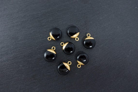 Round Black Onyx Pendant, Gold Cap Pendant, Electroplated Gemstone, 18k Gold Plated, 15mm, 1pc