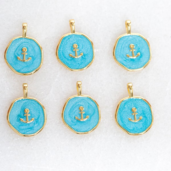 Enamel Anchor Pendant, Blue Enamel Charm, Medallion Star Charm, Round Shape, Nautical Pendant, Light Blue, 18x13mm Gold Charm