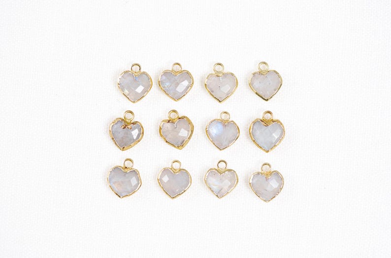 Small Rainbow Moonstone Heart Charm, 18k Gold Plated, Iridescent Heart, 9mm, 1pc image 3