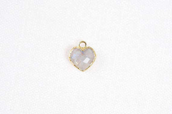 Small Rainbow Moonstone Heart Charm, 18k Gold Plated, Iridescent Heart, 9mm, 1pc