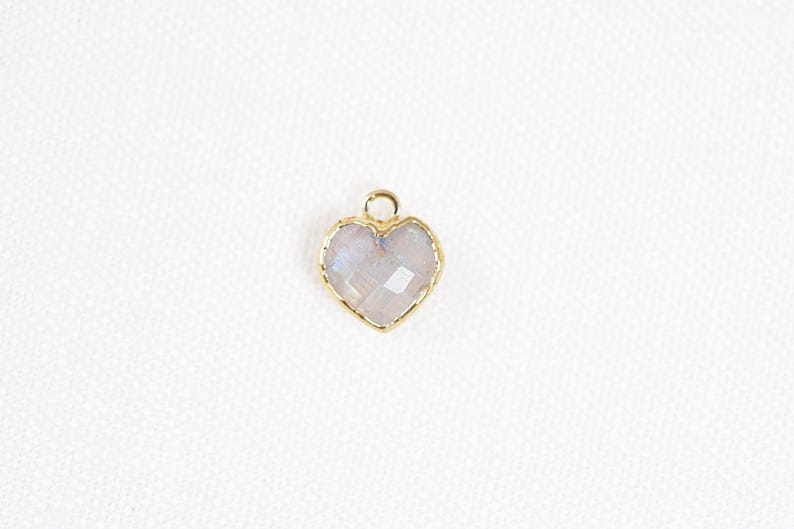 Small Rainbow Moonstone Heart Charm, 18k Gold Plated, Iridescent Heart, 9mm, 1pc image 1