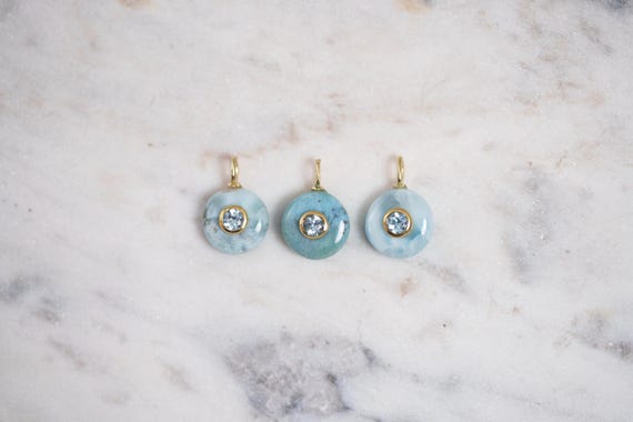 Small Round Blue Larimar Pendant with Blue Topaz Inlay, 18k Gold Vermeil Bail, 12mm, 1pc