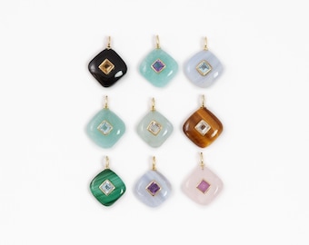 Rhombus Gemstone Pendant, Black Onyx, Rose Quartz, Blue Lace Agate, Aquamarine, Tigers Eye, Malachite, 18k Gold Vermeil, 16mm, 1pc