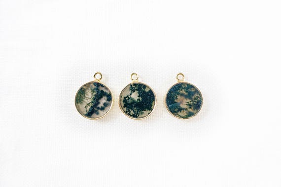 Round Moss Agate Pendant, 18k Gold Vermeil Bezel, Round Slice Disc Pendant, 12.5mm, 1pc