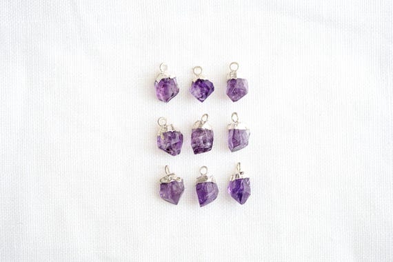 Raw Edge Amethyst Pendant, Silver Cap Charm, Small Rough Gemstone Pendant, Diy Jewelry Supply, White Rhodium Plated,  8mm, 1pc