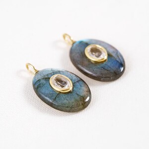 May include: Two oval pendants featuring a blue-green iridescent stone and a smaller, clear stone set in gold-coloured metal. Each pendant has a small loop at the top for hanging. The pendants are displayed on a white surface.