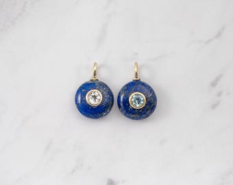 Small Round Lapis Lazuli Pendant, Blue Topaz Inlay, 18k Gold Vermeil, 12.5mm, Peg Bail, 1pc