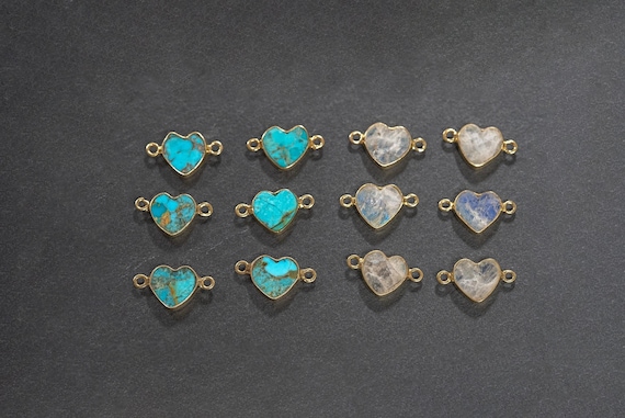 Gemstone Heart Connector, Turquoise Heart, Moonstone Heart, Ruby Heart, Carnelian Heart, Quartz, Bezel Heart Connector, 14k Gold Plated, 1pc