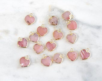 Small Pink Opal Heart Charm, Faceted Heart, Valentines Day, 18k Gold Plated, 9mm, 1pc