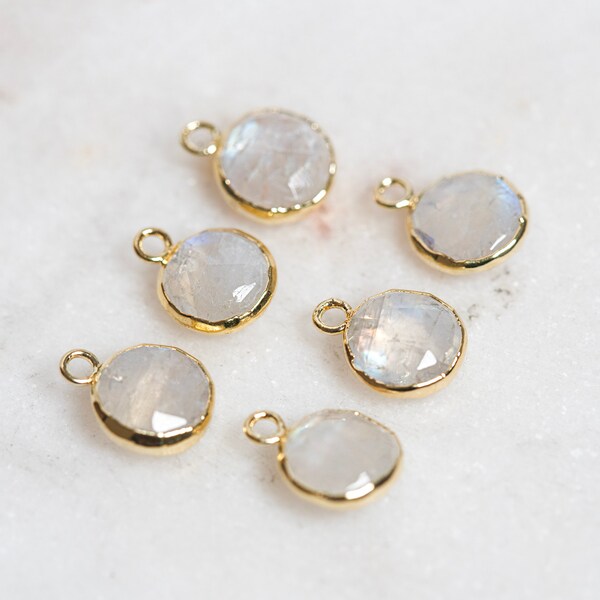 Rainbow Moonstone Charms, Small Round Moonstone, Bezeled Moonstone Charm, Iridescent Moonstone, 18k Gold Plated, 9x9mm, White Gemstone