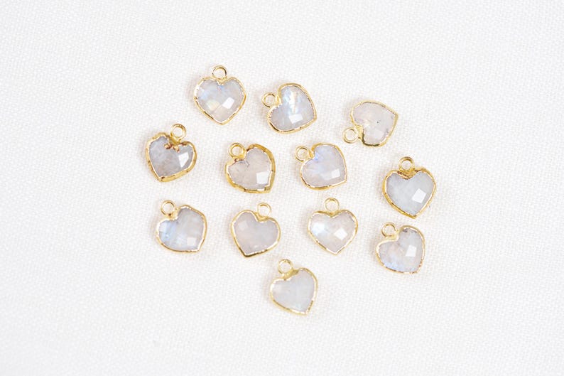 Small Rainbow Moonstone Heart Charm, 18k Gold Plated, Iridescent Heart, 9mm, 1pc image 5