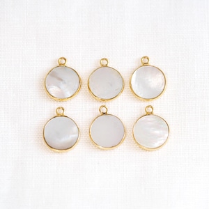 Round Mother of Pearl Pendants, Flat Round MOP Drops, 18k Gold Vermeil Bezel, Sterling Silver Base, 12mm (.5&quot;), 1pc