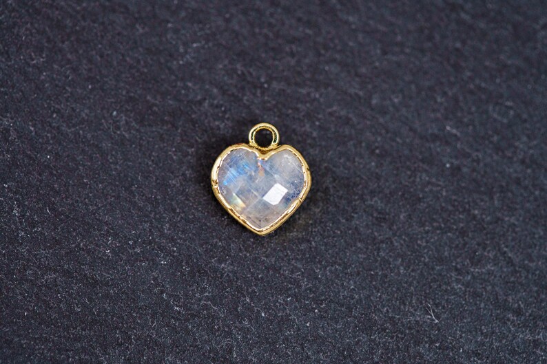 Small Rainbow Moonstone Heart Charm, 18k Gold Plated, Iridescent Heart, 9mm, 1pc image 2
