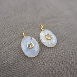 Pu&ograve; includere: Due ciondoli di forma ovale con un cabochon di pietra di luna iridescente incastonato in una cornice dorata. Ogni ciondolo presenta una piccola gemma rotonda e trasparente al centro e un anellino dorato nella parte superiore.