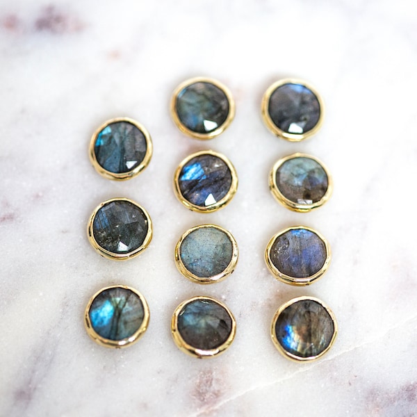 Labradorite Drops, Gemstone Rounds, Top Drilled Faceted Round Pendants, Labradorite Rounds, Earring Necklace Findings, 18k Gold Plated, 11mm