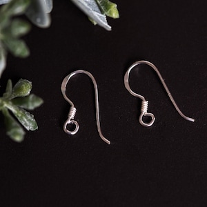May include: Two silver earring hooks with a small loop at the end. The hooks are on a black background.