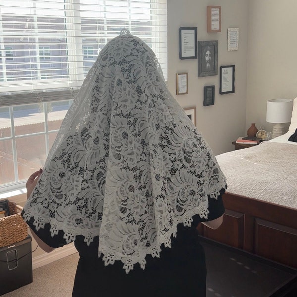 The Ascension Veil | Catholic Chapel Veil for Mass, Ready to Ship Christian Mary, Mother of God, White lace, trim, Christmas Gift, Advent