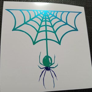 May include: A white sticker featuring a teal and blue spider web with a spider hanging below. The spider and web have a gradient effect, transitioning from teal to blue. The design is simple and graphic.