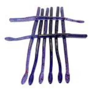 May include: A collection of purple and black soft plastic fishing worms. The worms are arranged in a fan-like pattern, with some overlapping. The image is taken from a top-down perspective, showcasing the details of the worm's texture and color variations.