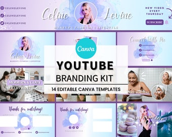 May include: A YouTube branding kit with 14 editable Canva templates. The kit features a purple and blue watercolor background with the text "YouTube Branding Kit" and "14 Editable Canva Templates".
