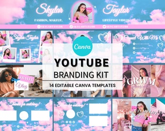 May include: A YouTube branding kit with 14 editable Canva templates featuring a pink and blue color scheme with clouds and hearts. The text "YouTube Branding Kit" and "14 Editable Canva Templates" are displayed in white text on a pink background. The text "Skylar Taylor" is displayed in pink neon text on a blue background.