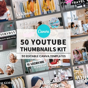 Puede incluir: Un collage de 50 plantillas de miniaturas de YouTube para Canva. Las miniaturas presentan varios temas de estilo de vida y belleza, que incluyen rutinas de maquillaje, cuidado de la piel, moda, viajes y vlogs. El texto "50 YOUTUBE THUMBNAILS KIT" se muestra en una fuente grande y en negrita.