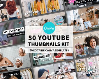 May include: A collage of 50 YouTube thumbnail templates for Canva. The thumbnails feature various lifestyle and beauty topics, including makeup routines, skincare, fashion, travel, and vlogging. The text "50 YOUTUBE THUMBNAILS KIT" is displayed in a large, bold font.