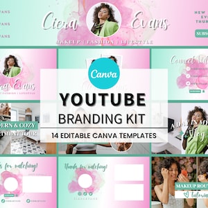 Youtube Branding Kit, Editable Canva Templates, Youtube Banners, Intros, Outros, Thumbnails, Youtube Channel Kit, Green Pink Gradient