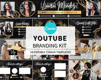 May include: A YouTube branding kit with 14 editable Canva templates. The kit features a black and gold marble background with gold accents. The text "YouTube Branding Kit" is in white and the text "14 Editable Canva Templates" is in black. The text "Laura Mendez" is in white with a gold outline. The text "Makeup | Fashion | Lifestyle" is in white. The text "Connect with me" is in white with a gold outline. The text "GRWM get ready with me" is in white with a gold outline. The text "Travel Vlog" is in white with a gold outline. The text "A Day in My Life Vlog" is in white with a gold outline. The text "Thanks for watching" is in white with a gold outline. The text "Latest Video" is in white with a gold outline. The text "Most Popular" is in white with a gold outline.