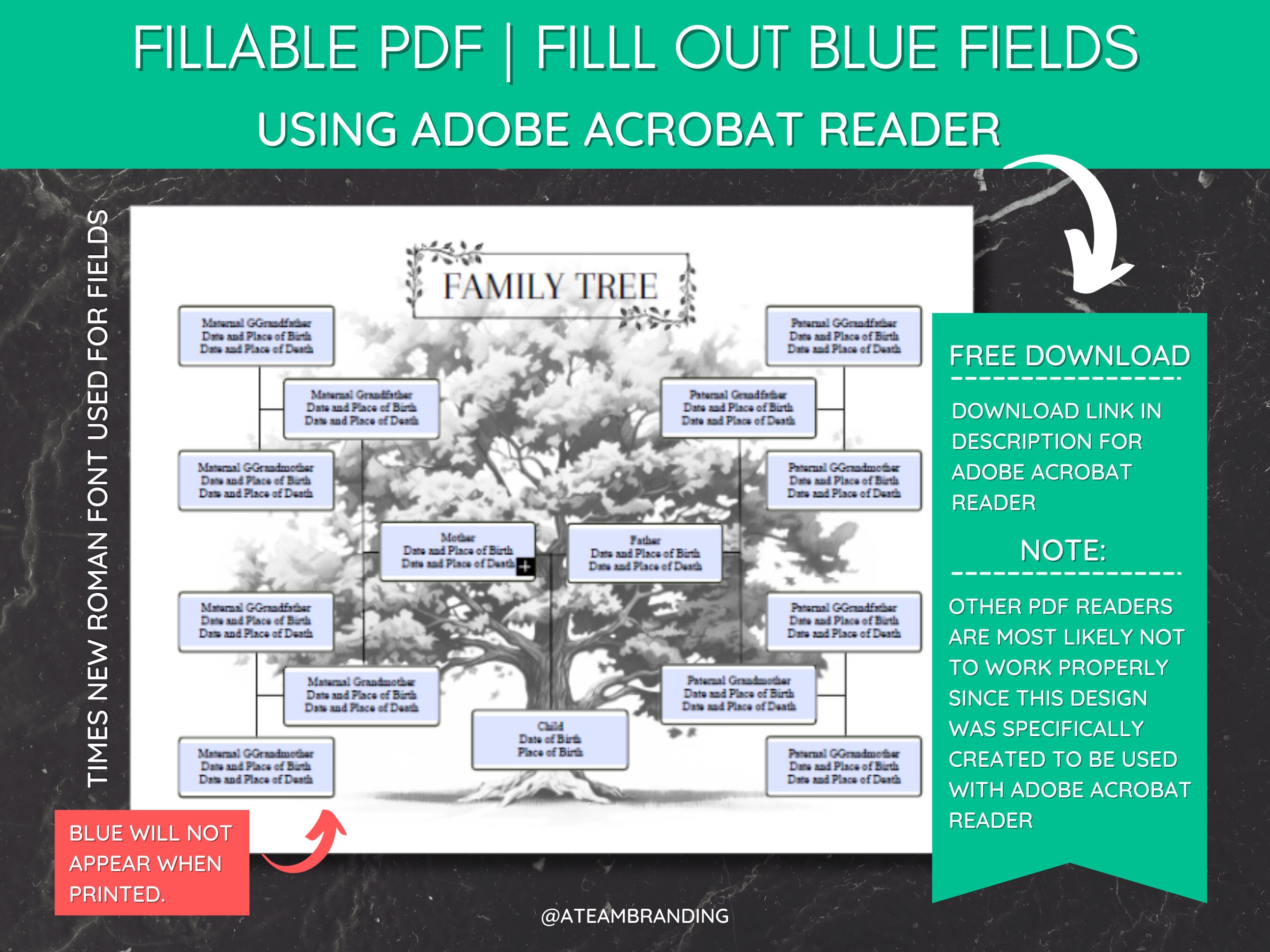 Family Tree Template, 4 Generations, Genealogy Chart, Pedigree Chart