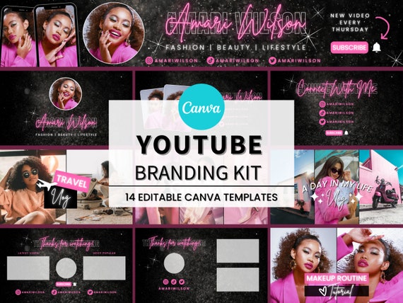 Youtube Branding Kit, Editable Canva Templates, Youtube Banners Pink, Intros, Outros, Thumbnails, Youtube Channel Kit, Sparkly Pink