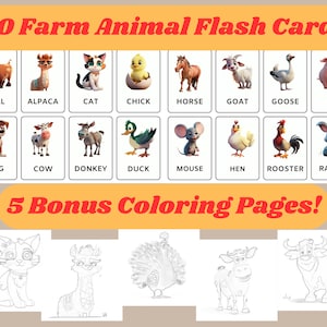 20 Farm Animal Flash Cards, Cartoon Farm Animal Flash Cards, Montessori flash cards, Preschool Cards, Free Bonus Farm Animal Coloring Pages