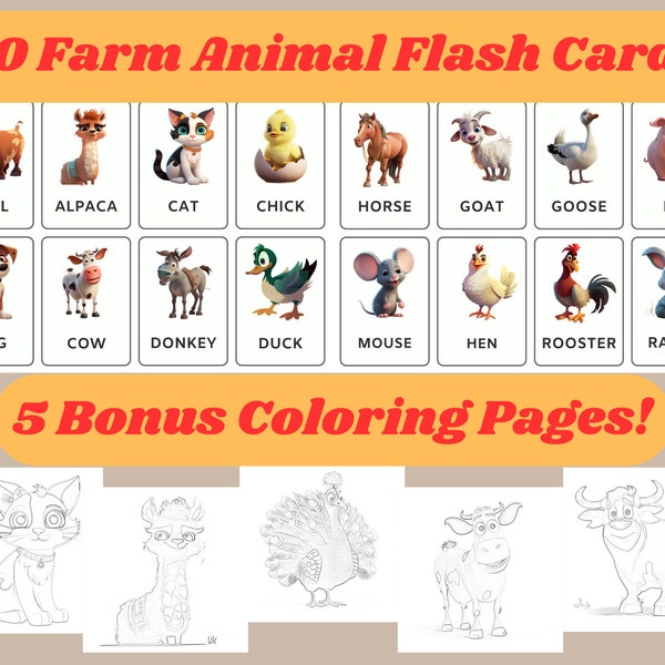 20 Farm Animal Flash Cards, Cartoon Farm Animal Flash Cards, Montessori flash cards, Pre-School Cards, Free Bonus Farm Animal Coloring Pages