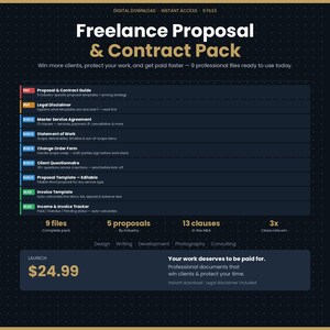 May include: A digital download Freelance Proposal & Contract Pack featuring 9 professional files including a Proposal & Contract Guide, Legal Disclaimer, Master Service Agreement, Statement of Work, Change Order Form, Client Questionnaire, Proposal Template, Invoice Template, and Income & Invoice Tracker.