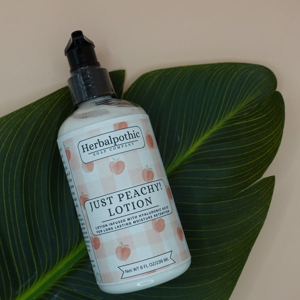 Just Peachy Hyaluronic Face & Body Lotion 8oz Pump Bottle made with Organic Oils and Butters.