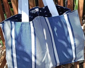 Sac de plage familial, sac unique rayé, sac de plage imperméable bleu, sac de plage artisanat normand, grand sac de plage, sac original