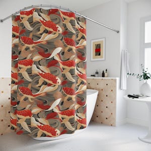 Koi Fish Shower Curtain, Japanese-Inspired Bathroom Decor, Red Fish Pattern, Zen Bathroom Decor, Nature Lovers Decor