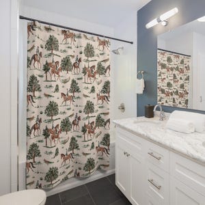 Equestrian Shower Curtain, Horse Lovers Bathroom Decor, Horse Riding Scene, Nature-Inspired Shower Curtain with Horses and Trees