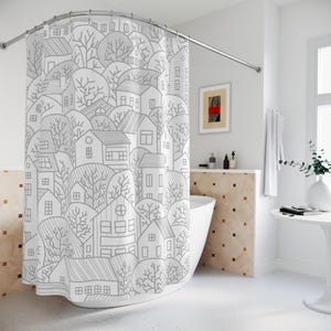 Minimalist and Enchanting Fall Town Shower Curtain in Black and White