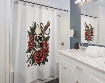Rose Tattoo Print Shower Curtain | Vintage Traditional American